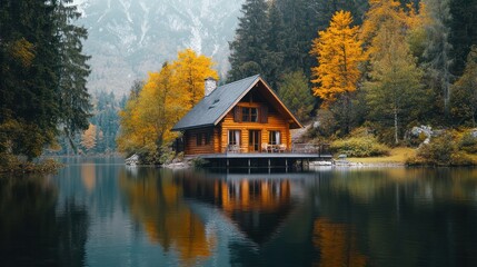 Fototapeta premium A small cabin sits on a lake surrounded by trees. The cabin is wooden and has a rustic feel. Generative AI