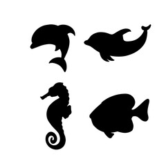 Obraz premium Set with hand drawn sea life elements. Black silhouette sea animals. Vector doodle set of marine life objects for your design. 