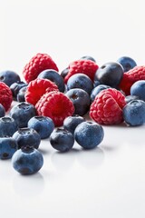 Bunch of blueberries and raspberries on white background. Fresh fruits for healthy snacks or desserts.