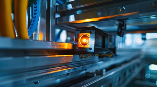 Photoelectric Sensor for distance detection in machine factory. Photo sensor installed in industrial machine. Industrial and Technology concept.