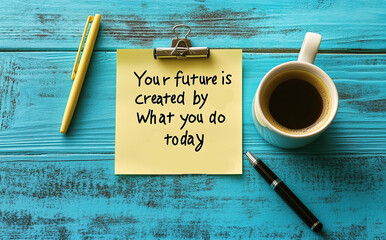 Inspirational quote on a sticky note with coffee on a wooden table