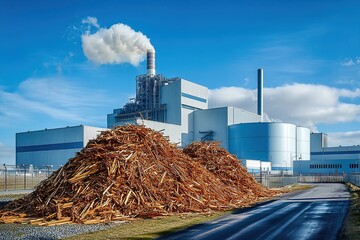 Large biomass power plant with piles of wood under blue sky