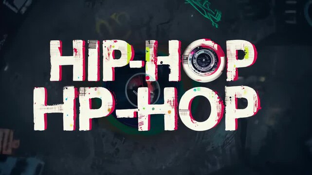 Graphic inscription "hip hop" against the background of a DJ console and street graffiti.