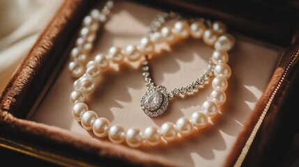 Elegant pearl necklace and pendant in a luxurious jewelry box during a soft afternoon light