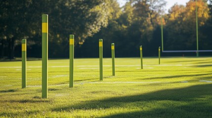 Fototapeta premium Vibrant Football Field: Green Yard Markers Lead to the Goal Line and Endzone in a Game of Competition and Strategy