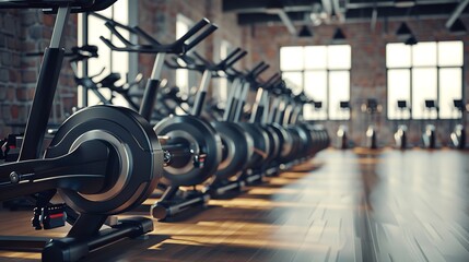Bodybuilding equipment and rows of stationary bikes in a contemporary fitness facility area, Generative AI.