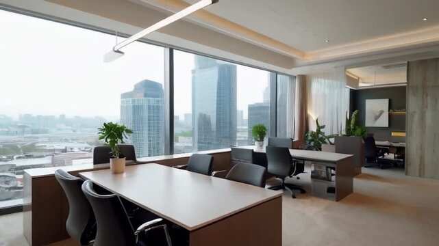 A modern office space with panoramic city views, showcasing contemporary furniture and a light, airy atmosphere for productivity.
