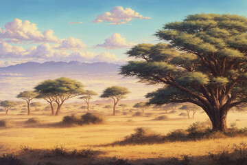 Obraz premium sunset in the serengeti with gorgeous trees and shrubs and yellow grassland landscape