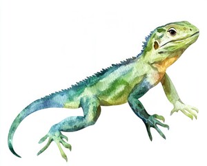 Watercolor Lizard: Closeup Illustration of Isolated Green Lizard on White Background