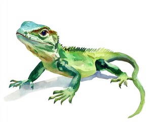 Obraz premium Watercolor Lizard. Closeup Illustration of a Green Lizard Isolated on White Background