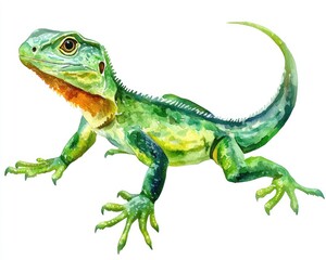Obraz premium Watercolor Lizard - Closeup of a Green Tropical Lizard with Isolated Head and Tail on White Background