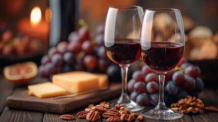 Fototapeta premium Two glasses of red wine with rich, dark hues, accompanied by a cheese platter with grapes