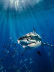 Obraz premium A shark swimming underwater, with rays of sunlight shining through the water surface. Shark in the deep blue ocean