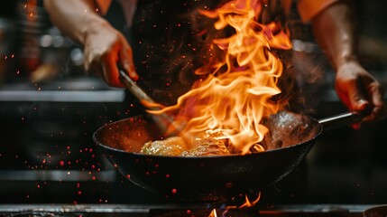 Chefs' hands keep the wok on fire. Chef hands use fire to cook meals, Generative AI.