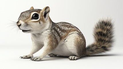 Fototapeta premium A cute little squirrel sits with its tail behind it, staring off to the side on a white background.