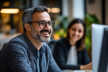 Obraz premium Two happy business colleagues having a discussion in an office, Generative AI