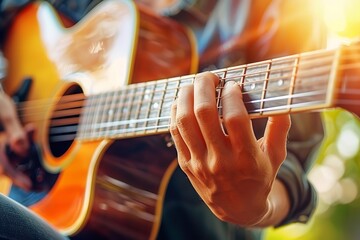 Obraz premium close-up of a hand playing an acoustic guitar. Concept of relaxation, passion, and sound, Generative AI.