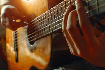 Fototapeta premium close-up of a hand playing an acoustic guitar. Concept of relaxation, passion, and sound, Generative AI.