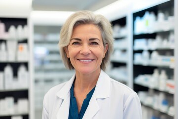 Smiling portrait of a middle aged female pharmacy worker