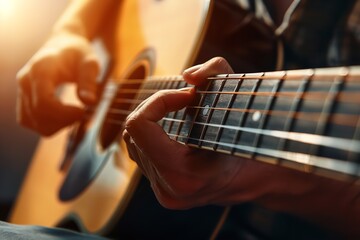 Fototapeta premium close-up of a hand playing an acoustic guitar. Concept of relaxation, passion, and sound, Generative AI.