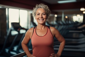 Obraz premium Smiling portrait of a slightly overweight middle aged woman in gym