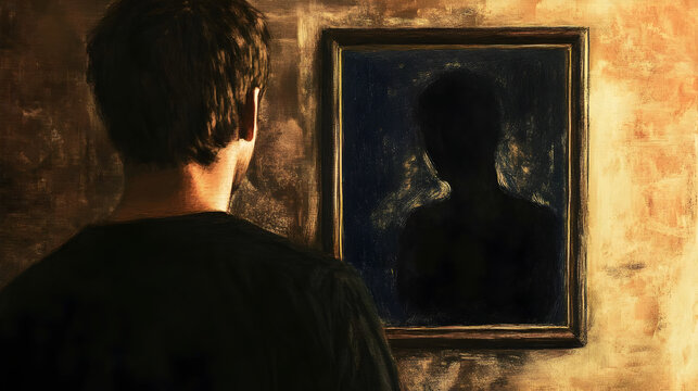 An individual looking at their reflection in the mirror, but the reflection shows a distorted, dark figure representing an internal struggle with self-image and self-esteem.


