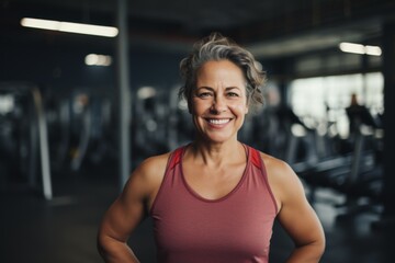 Fototapeta premium Smiling portrait of a slightly overweight middle aged woman in gym