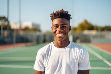 Smiling portrait of African American male teenager on tennis court