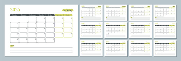 2025 calendar template. Monthly planner diary. The week starts on Monday. Set of 12 months pages.