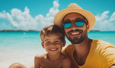 Obraz premium Father and son enjoying summer holidays at the beach, Generative AI