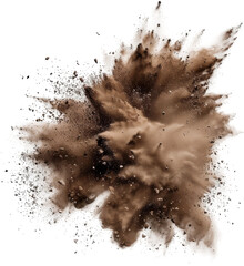 A large cloud of dust is blowing in the wind. The dust is brown and is covering the ground