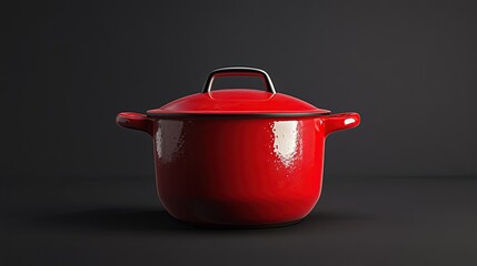 A red pot with black handle and lid against a black background.