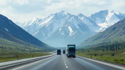 Multiple Trucks Transportation on Mountain Highway Road