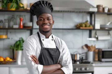 Portrait of a young African American male chef in kitchen