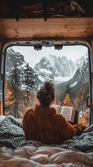 A person reading a book in the back of a camper van with a mountain view, Adventure, Tranquility
