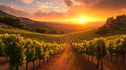 Fototapeta premium Sonoma Vineyard at Sunset: Tranquil Summer Evening in California's Beautiful Wine Country