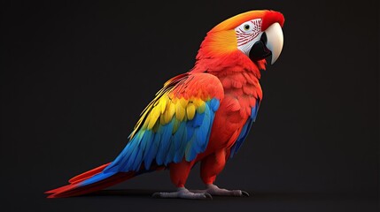 Fototapeta premium A scarlet macaw parrot with red, yellow, and blue feathers stands on a black background.