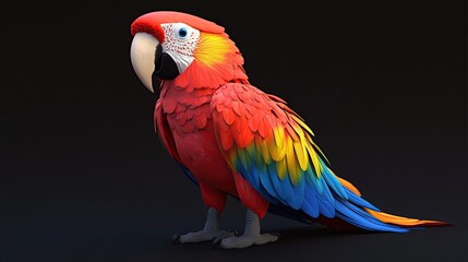 Fototapeta premium A scarlet macaw parrot with red, yellow, and blue feathers stands on a black background.