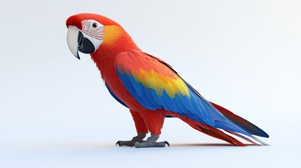 Obraz premium A scarlet macaw with red, blue, and yellow feathers standing on a white background.