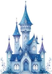 Obraz premium A blue castle with a blue roof and blue windows. The castle is very tall and has a very tall tower