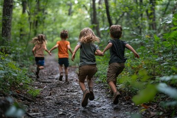 Kids running up in the forest, Generative AI