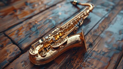 Fototapeta premium The shiny golden saxophone showcases its intricate keys and curves, warm wooden backdrop, jazz music
