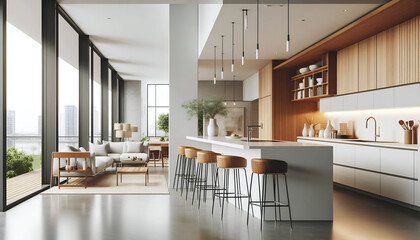 Obraz premium A modern minimalist home interior design with clean lines, sleek furniture, and neutral color palette, featuring an open-concept living space connected to a spacious kitchen, bathed in natural light