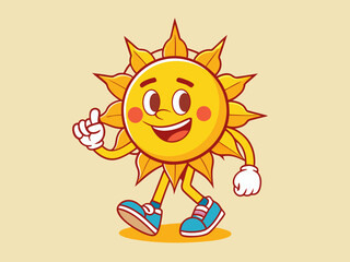 Retro sun character. Comic positive groovy sunny mascot. Funny print with walking yellow sun and lettering for poster, banner. Trendy sticker, vector illustration
