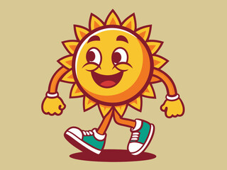 Retro sun character. Comic positive groovy sunny mascot. Funny print with walking yellow sun and lettering for poster, banner. Trendy sticker, vector illustration
