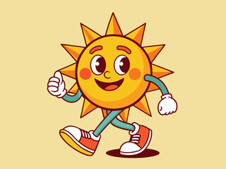 Retro sun character. Comic positive groovy sunny mascot. Funny print with walking yellow sun and lettering for poster, banner. Trendy sticker, vector illustration
