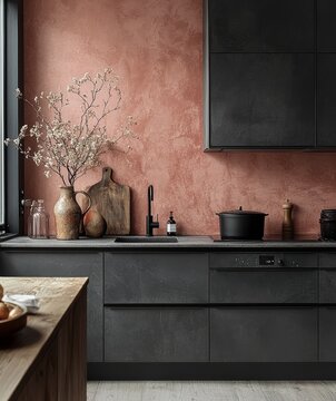 Minimalist grey and terracotta kitchen with modern open concept design