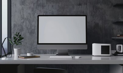 gray wall, contemporary white desk, and computer monitor with copy area and blank screen for product display, Generative AI.
