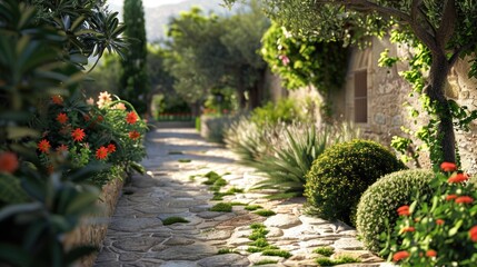 Obraz premium A serene stone alley lined with greenery and colorful flowers.