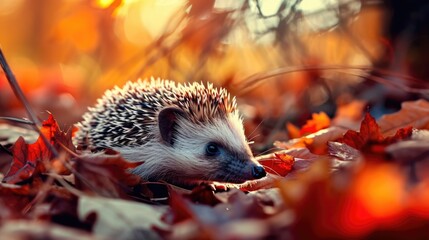 Cute hedgehog nestled among autumn leaves, basking in the warmth of fall.